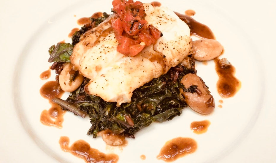 Skillet Cod with Kale, Ginger and Garlic, by Alison Milwe-Grace of AMG Catering