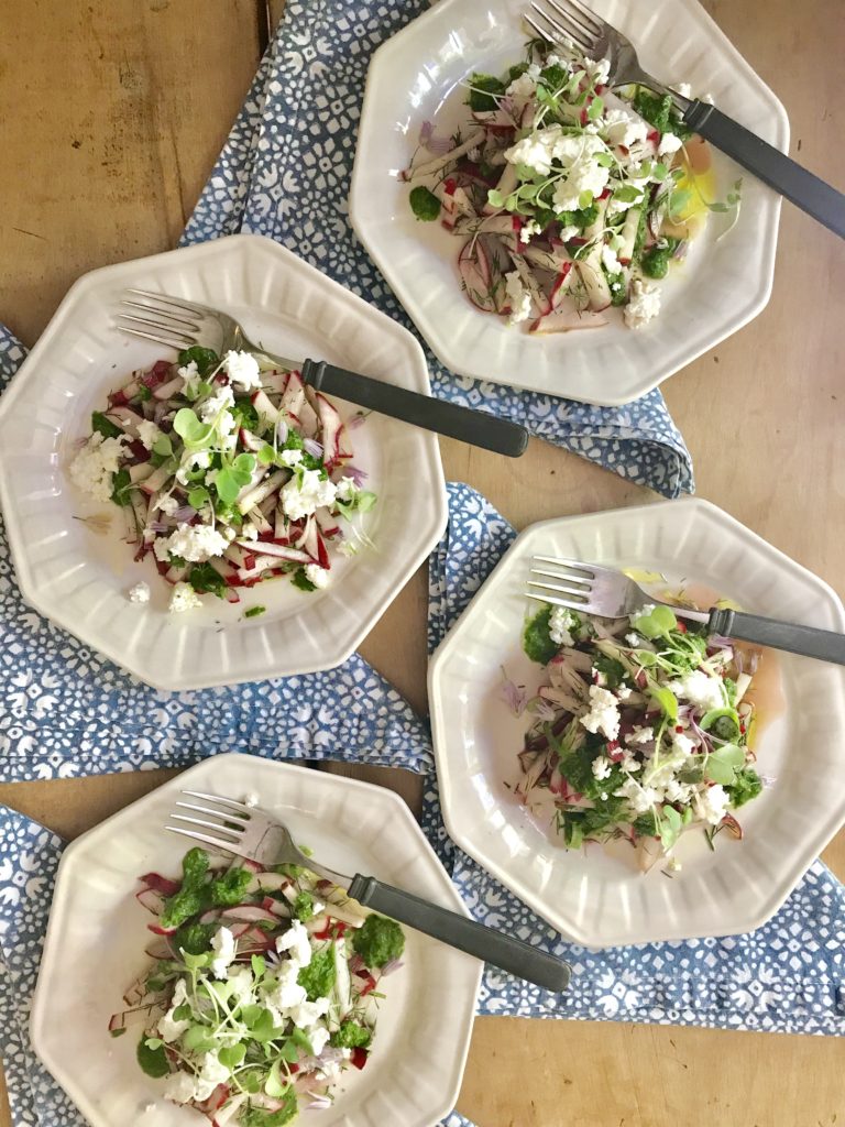 Radish Salad with Radish Top Salsa Verde and Crumbled Chevre by Phoebe Cole-Smith